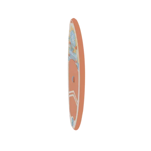 Vista lateral de una tabla de surf retro naranja coral con arte abstracto colorido en su superficie, sobre un fondo blanco.