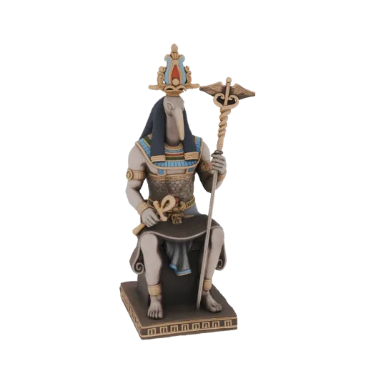 3D model of Thoth, the Egyptian god of wisdom, seated on a throne, holding an ankh and a caduceus staff.