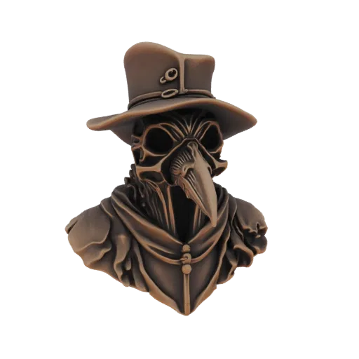 3D model render of a Steampunk Plague Doctor bust with a beak mask and top hat, detailed metallic texture.