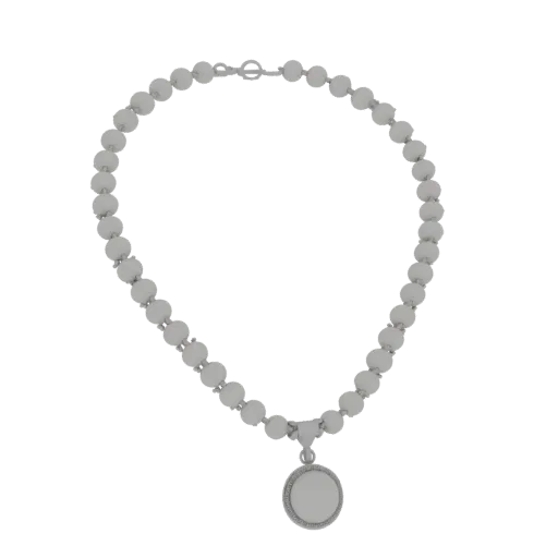 Modello 3D Collana con Perle e Catena in Argento Sterling, vista tre quarti frontale, rendering studio visualizzatore AR, sup