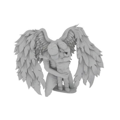 3D model render of a grey angel kneeling and embracing a child, with large feathered wings spread behind them.