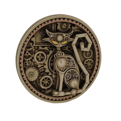 3D model of a Steampunk cat with intricate gears and clockwork mechanisms, rendered in bronze tones.