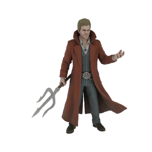 3D model of John Constantine, a man with blonde hair wearing a long red trench coat and holding a trident, in a dynamic pose.