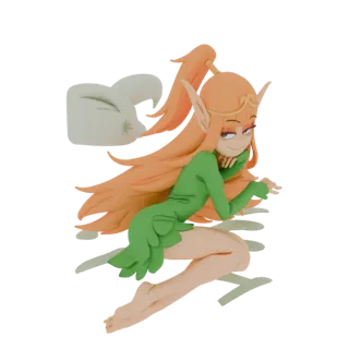 Modèle 3D d'une elfe style pâte à modeler avec de longs cheveux roux flottants, portant une robe verte, et adoptant une pose
