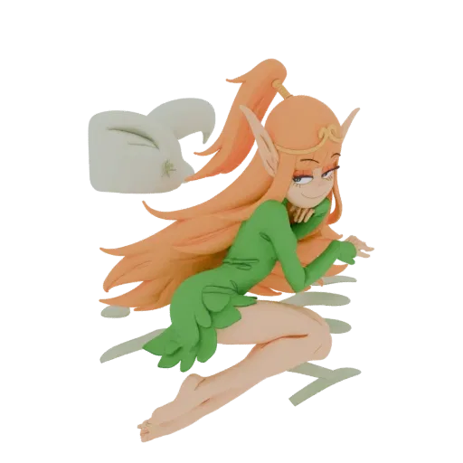 3D model of a claymation-style elf girl with long, flowing orange hair, wearing a green dress, and striking a playful pose wi