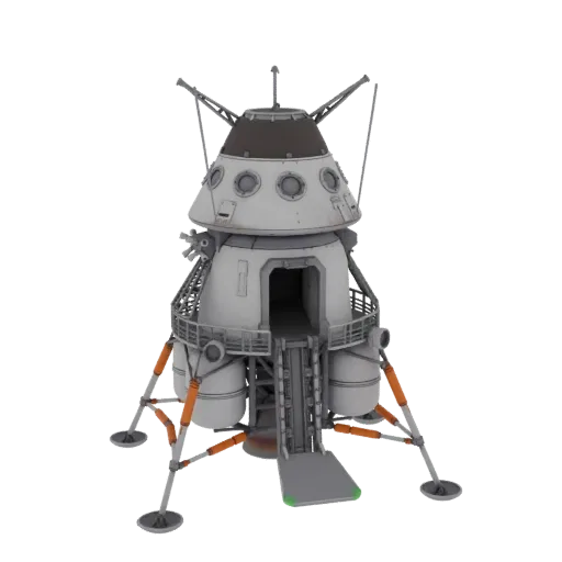 Modello 3D di un lander spaziale retrò con quattro gambe di atterraggio dettagliate, una rampa centrale e un modulo di comand