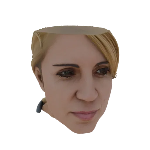 A 3D render of a realistic female head with blonde hair, facing slightly to the right, with detailed facial features.