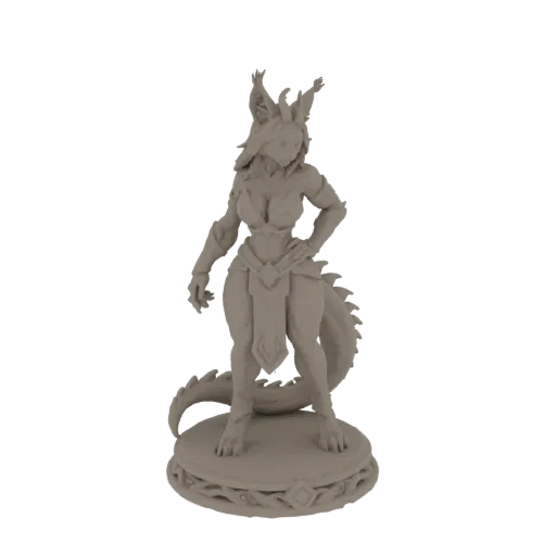 Modèle 3D guerrier furry avec queue de dragon, portant armure, sur base ornée, rendu gris neutre.