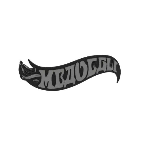 3D-Modell eines Hot Wheels-ähnlichen Flammenlogos mit dem kyrillischen Text 'МЕДОЕДЫ' (Honigdachs) in metallischer Oberfläche