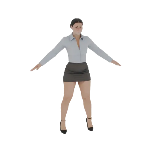 Modelo 3D de una mujer de negocios de pie con los brazos extendidos, vistiendo una blusa azul claro y una falda negra.