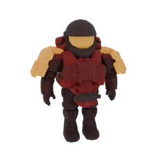 Un modello 3D di guerriero spartano in stile chibi, low-poly, con armatura rossa e spallacci gialli, in piedi su sfondo bianc