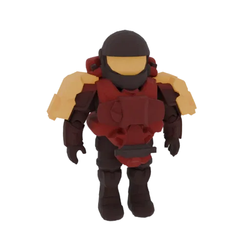 A low-poly, chibi-style Spartan warrior 3D model with red armor and yellow pauldrons, standing against a white background.
