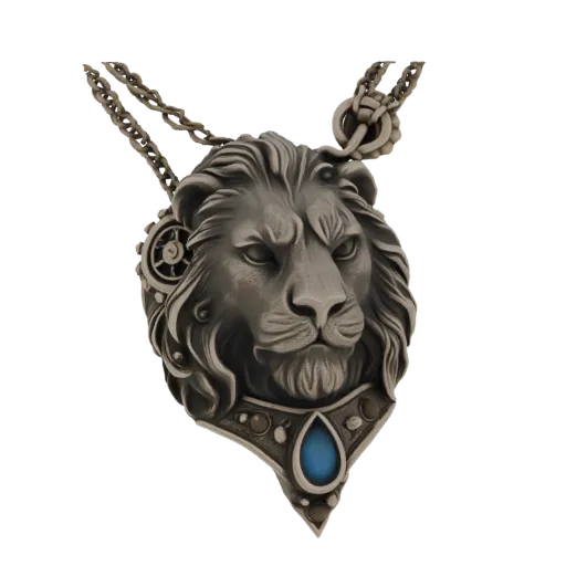 3D model of a steampunk lion head pendant with gears and a blue gemstone, viewed from the front.