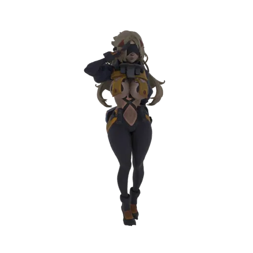 Modelo 3D de una operativa cyberpunk femenina con traje oscuro, acentos amarillos y venda, posando.