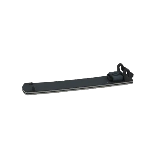 3D model of a dark grey adjustable ski boot holder with a clamp mechanism on a white background.