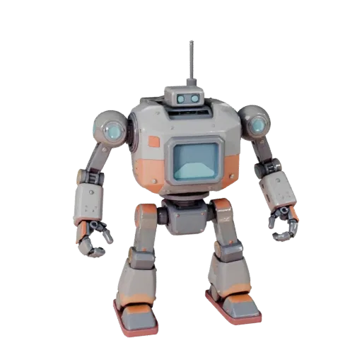 Service Style Robot Stylized 3D model, stylized isometric render, showing metal frames, robot form.