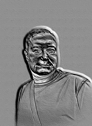 3D model of a man's bas-relief in engraving style, with sharp lines and shadows resembling old master prints.