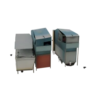 Modelo 3D de un grupo de viviendas marginales modulares con estructuras en capas y texturas desgastadas.