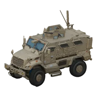 3D model of a desert camouflage armored personnel carrier with a turret, viewed from a three-quarter front angle against a bl