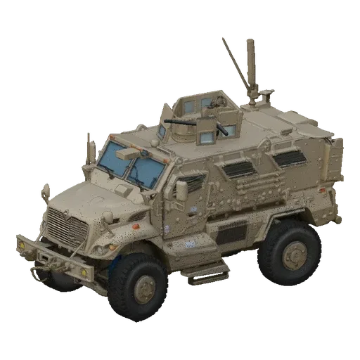 3D model of a desert camouflage armored personnel carrier with a turret, viewed from a three-quarter front angle against a bl