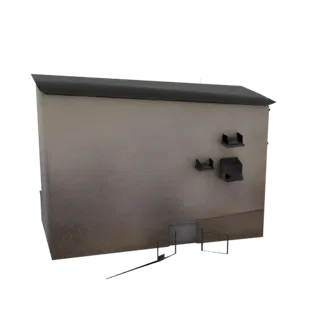3D model of a modern industrial building facade with textured walls, a dark roof, and external utility boxes.