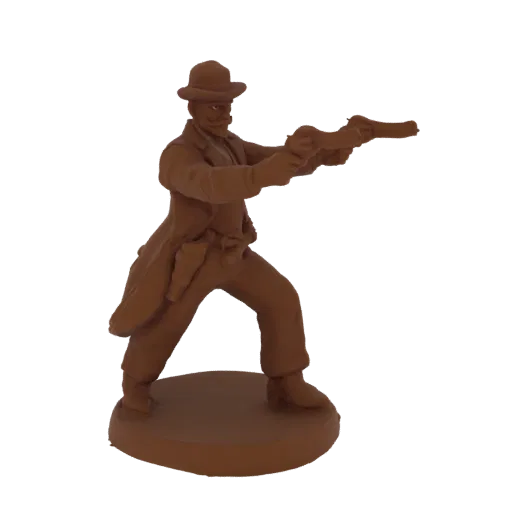 3D model of a Wild West gunslinger figure, wearing a hat and duster coat, aiming two revolvers forward, standing on a circula