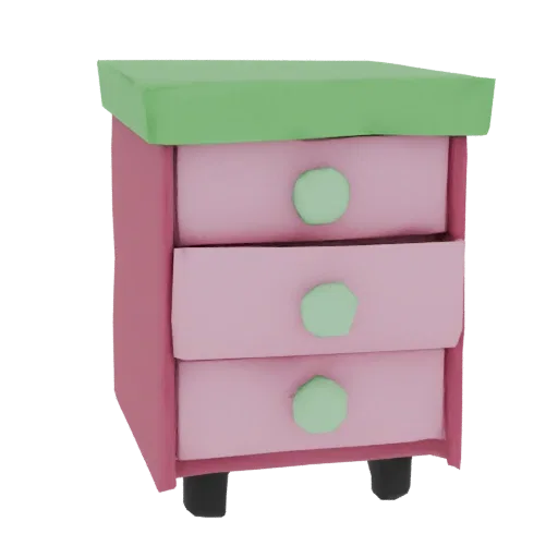 3D model of a pink nightstand with a green top and three light green drawer knobs, presented on a white background.