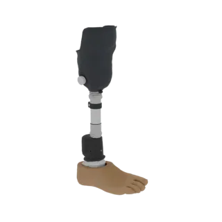 Modelo 3D de una pierna protésica, mostrando un pie detallado, socket ajustable y pilón segmentado sobre un fondo blanco.