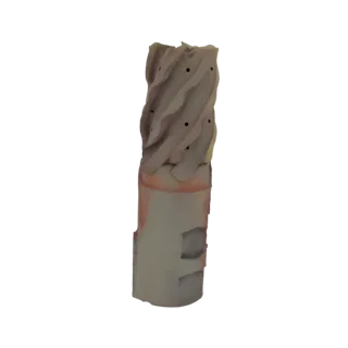 Modèle 3D d'une fraise industrielle avec cannelures hélicoïdales et queue cylindrique, rendu sur fond blanc.