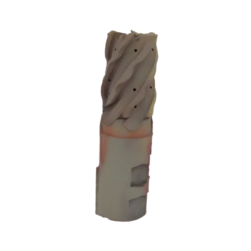 3D model of an industrial end mill cutter with helical flutes and a cylindrical shank, rendered against a white background.