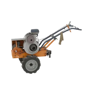 3D model of a two-wheeled cultivator with an orange frame, grey engine, and handlebars, shown from a side view.
