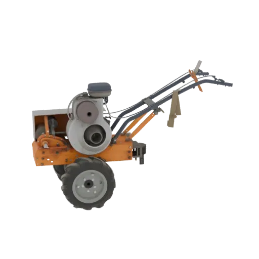 3D model of a two-wheeled cultivator with an orange frame, grey engine, and handlebars, shown from a side view.