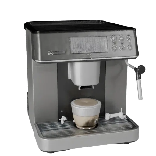 Stainless Coffee Machine Product Viz 3D model, dining room, three-quarter studio product render, plastic detail.