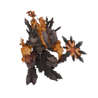 Modèle 3D d'un guerrier démoniaque sombre et blindé, englouti par des flammes oranges, tenant un fléau hérissé de pointes lum