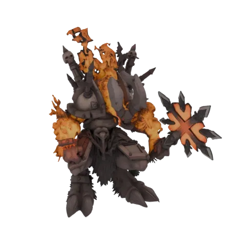 3D model of a dark, armored demonic warrior engulfed in orange flames, holding a glowing spiked flail.