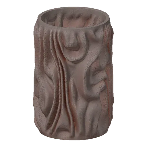A 3D render of a cylinder vase with a realistic draped fabric texture, presented against a black background.