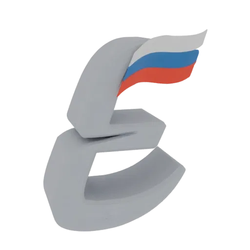 3D model of a stylized grey emblem with the Russian flag waving from its top.