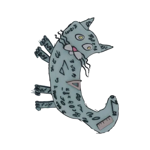 A stylized 3D model of a light blue cat curled into a crescent shape, featuring yellow eyes and abstract markings.