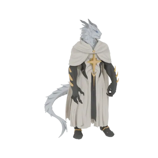 Modelo 3D de um Clérigo Dragão Celestial vestindo túnicas brancas e douradas com um emblema de estrela, em pé contra um fundo