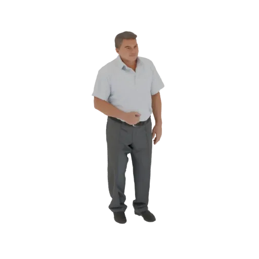 3D model of a man wearing a light blue short-sleeved shirt and gray pants, standing with one hand on his stomach.