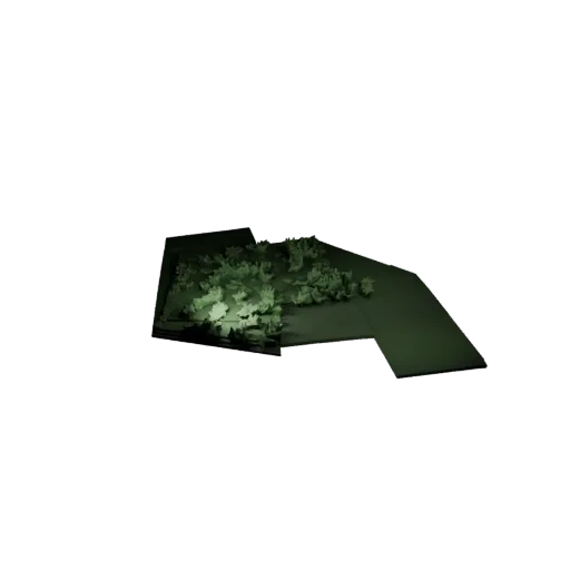 Modelo 3D modular do Bioma Bosque Encantado, vista isométrica do kit modular, mostrando camadas de terreno, aglomerados de ve