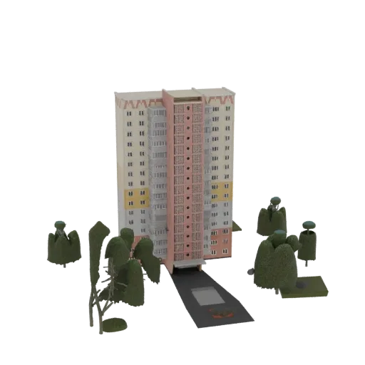 3D model of a 16-story panel apartment building with trees and a driveway, rendered against a white background.