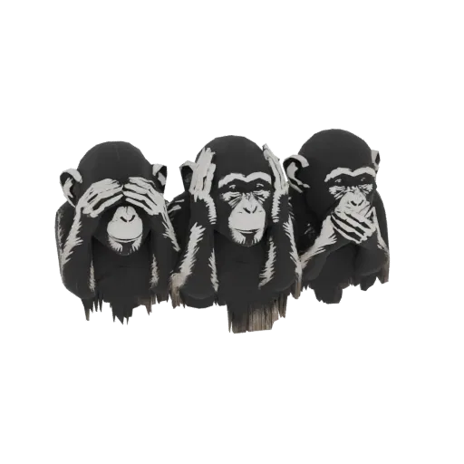 3D model of the Three Wise Monkeys statue, with monkeys covering their eyes, ears, and mouth, set against a white background.