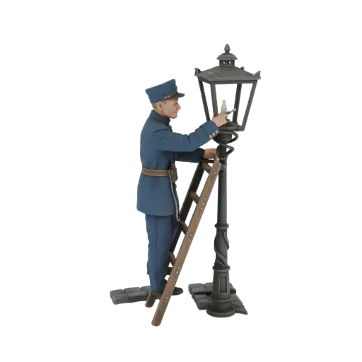 3D model of a historical lamplighter in a blue uniform, climbing a wooden ladder to light a streetlamp, with a cobblestone base.