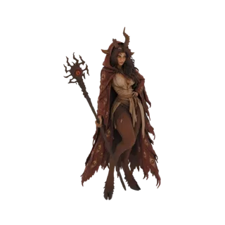 3D-Modell einer weiblichen Satyr-Zauberin mit Kapuze, Augenmuster-Robe und einem Stab mit feuriger Kugel.