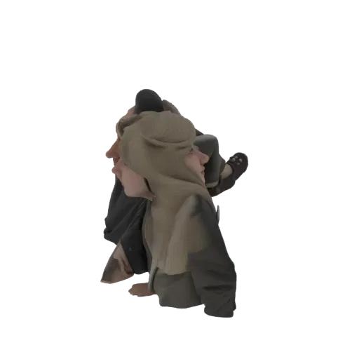 3D model of two intertwined human profile heads, rendered in a stylized, surreal aesthetic with detailed hair and facial feat