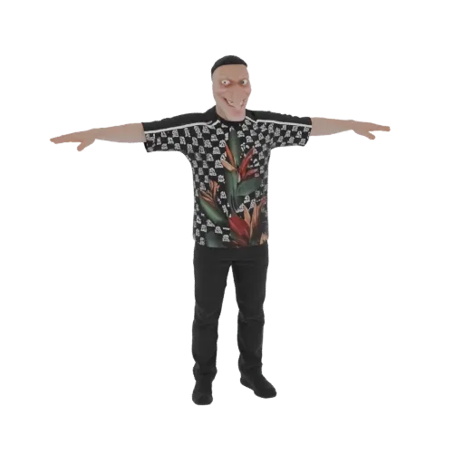 3D-Modell eines Mannes mit Maske und tropischem Hemd, der mit ausgestreckten Armen steht.
