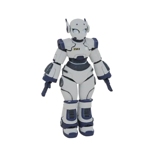 Ein weiß-blauer futuristischer Roboter-Begleiter 3D-Modell, stehend mit leuchtend blauen Augen und detaillierter Rüstung.