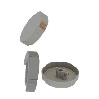 A 3D render of a fluted knob with two rectangular copper inlays on its side, shown from multiple angles against a white backg