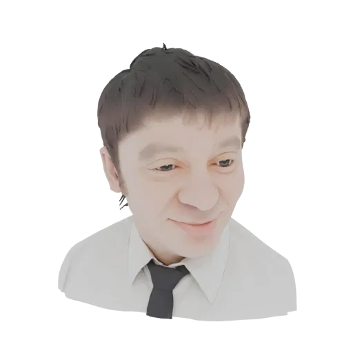 3D model of a man with short dark hair, smiling, wearing a white shirt and dark tie, looking down.